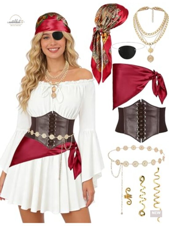 Dresses & Skirts - 8-Piece Adult Women Pirate Costume Set Off-Shoulder Dress Corset Belt